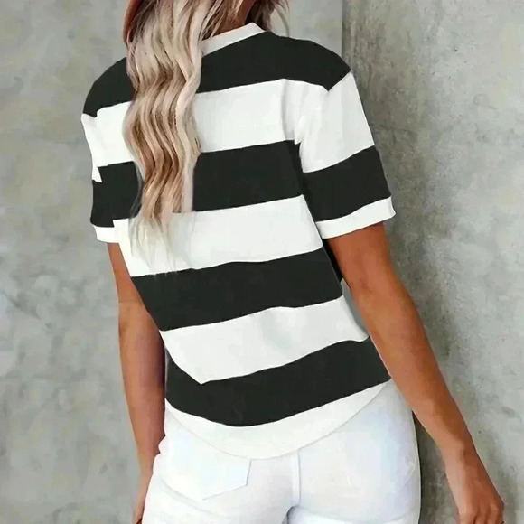 Black Preppy Women's Striped Printed Round Neck Short Sleeve Casual T-Shirt - Picture 2 of 3